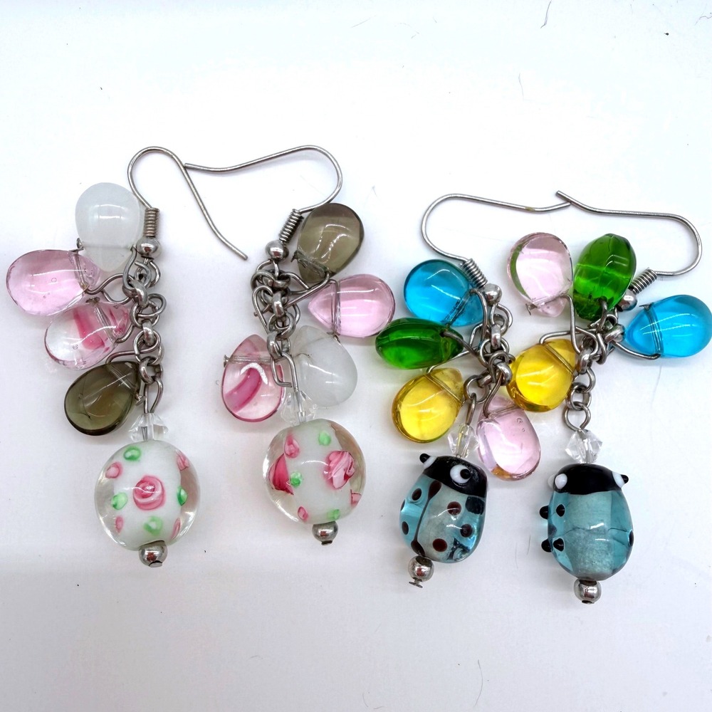 Set 2 Vintage Lampwork Glass Cha Cha Earrings Beaded Dangle Colorful